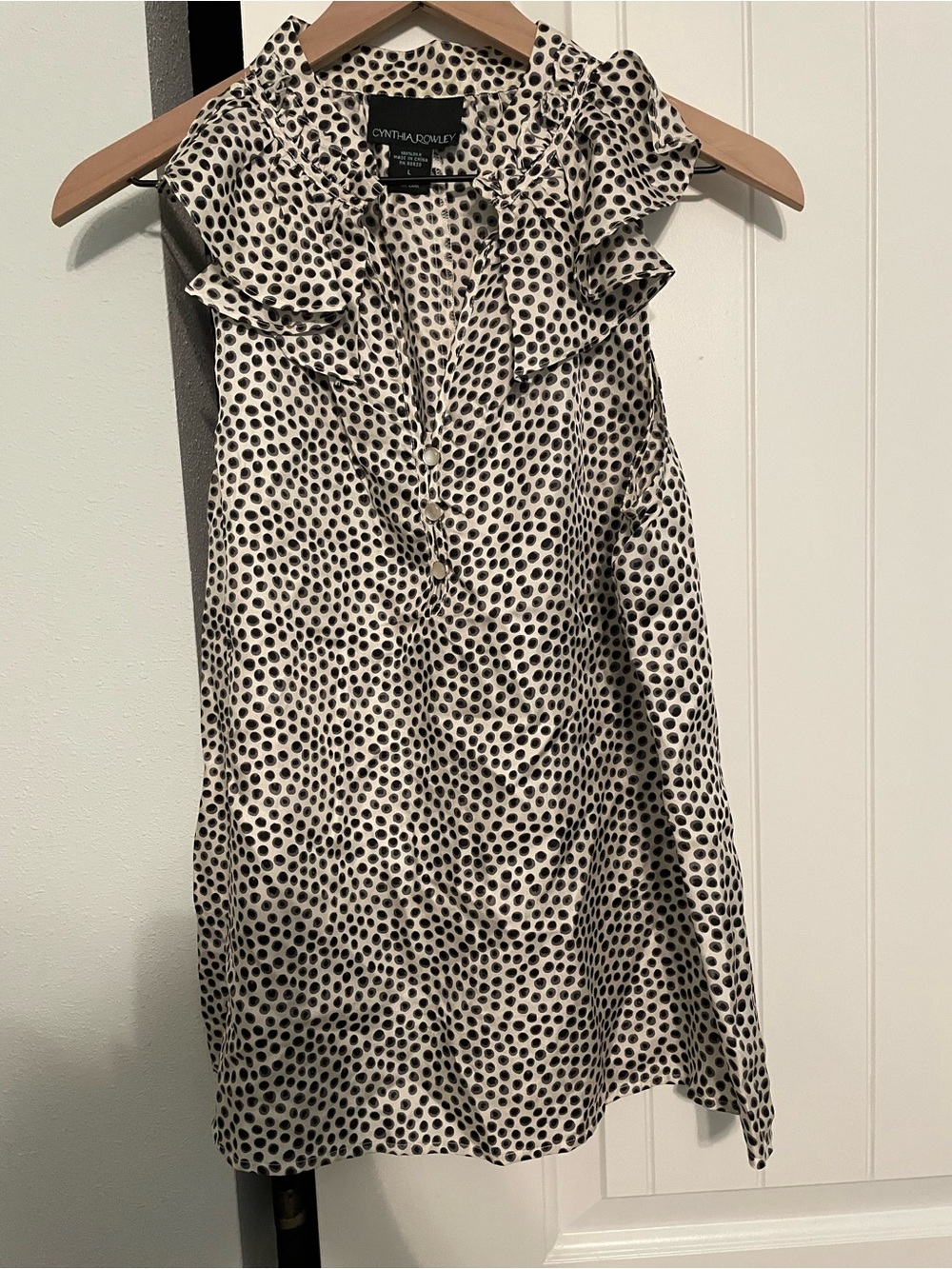 Cynthia Rowley Cream and Black Polka Dot Ruffle Sleeveless Blouse